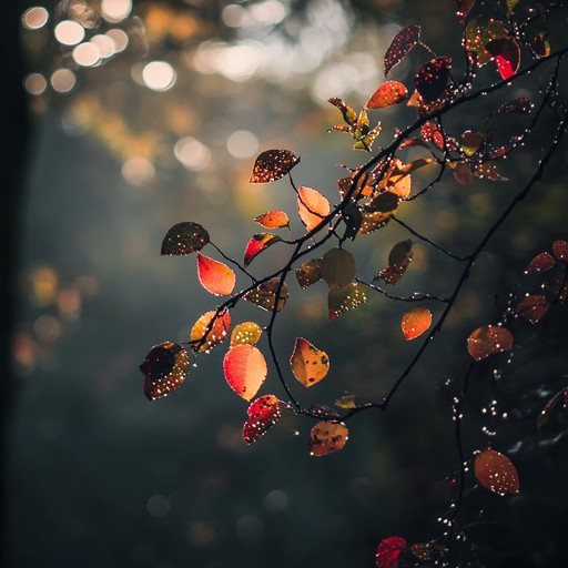 The soundtrack elaborates on an autumn scene where sunbeams break through the foliage, invoking a festive, joyful dance among the leaves. It highlights the warmth and peacefulness experienced during a serene sunny day.