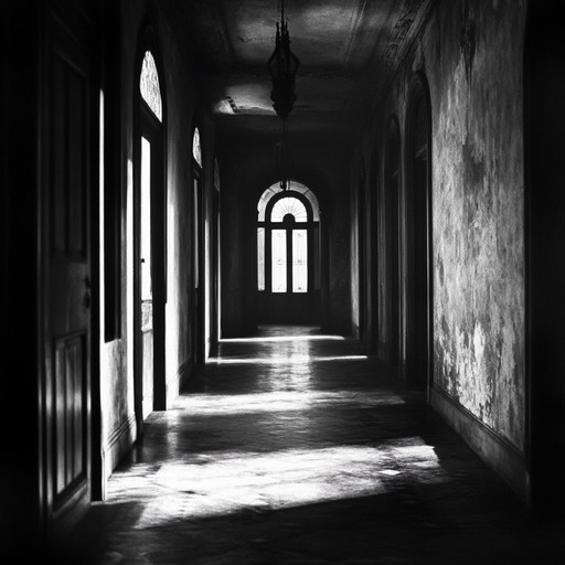 A chilling instrumental piece featuring haunting tones that evoke the feeling of wandering alone through a ghostly, deserted mansion, with whispers and creaks in the shadows.