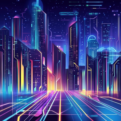 A track that encapsulates a journey through a neon lit city in a distant future, with pulsating synths creating an atmosphere of wonder and intrigue. The music paints a picture of flying cars, towering skyscrapers clad in digital billboards, and the distant hum of a bustling urban environment.