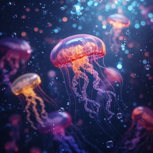 A whimsical electronic instrumental capturing the essence of a colorful underwater parade of neon lit jellyfish, featuring bouncing synths, light hearted melodies, and a cheerful rhythm that evokes joyful exploration and wonder.