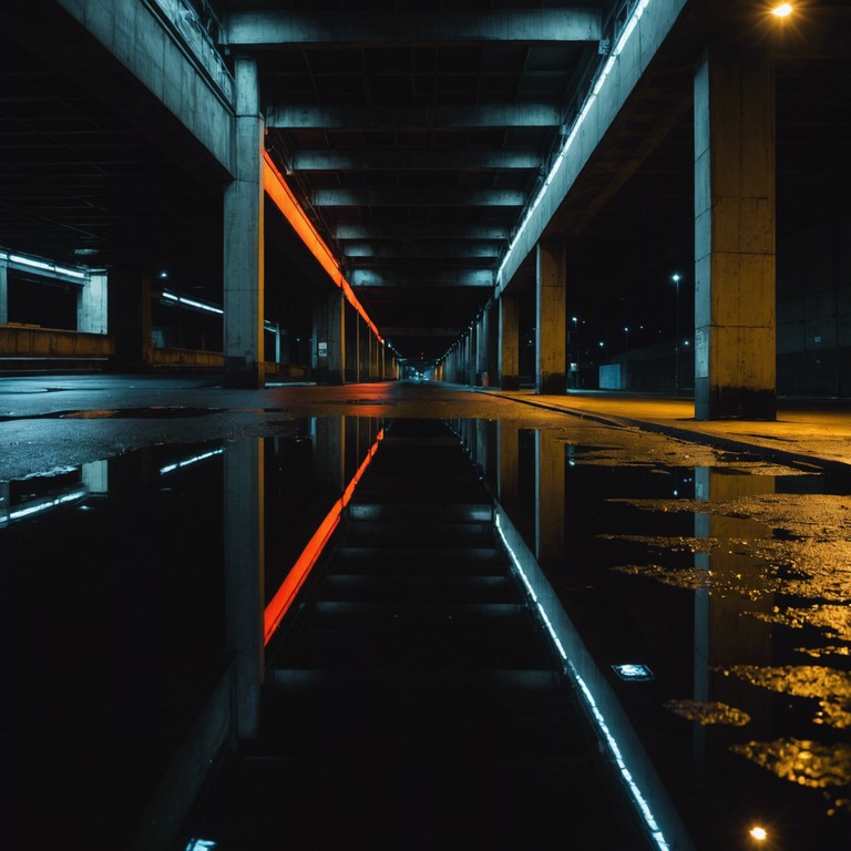 A backdrop of rainy cityscapes at night, with billboards casting flickering light on wet pavement, creating an aura for contemplation and cyber solitude within the bustling life of a techno city.