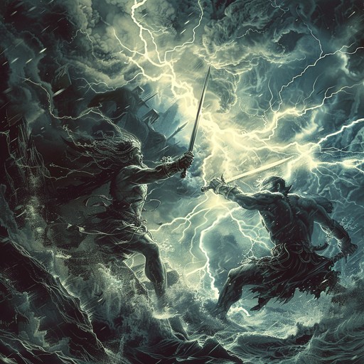 An intense orchestral piece that showcases the fury of titans, utilizing powerful brass, dramatic strings, and thunderous percussion to evoke scenes of epic battles and climactic confrontations.