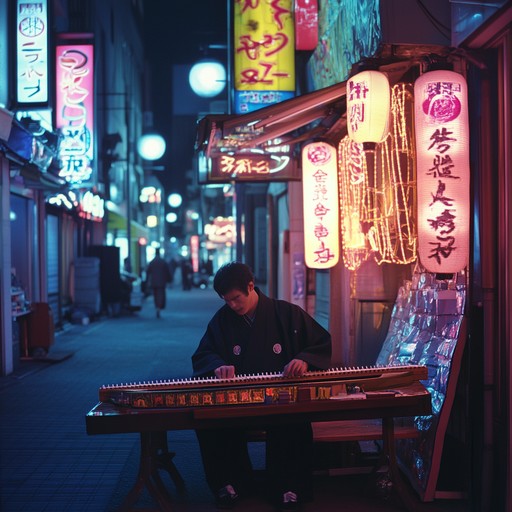 A lively instrumental piece that combines traditional koto melodies with modern synth sounds, creating a groovy j pop track reminiscent of tokyo nights illuminated by neon lights.