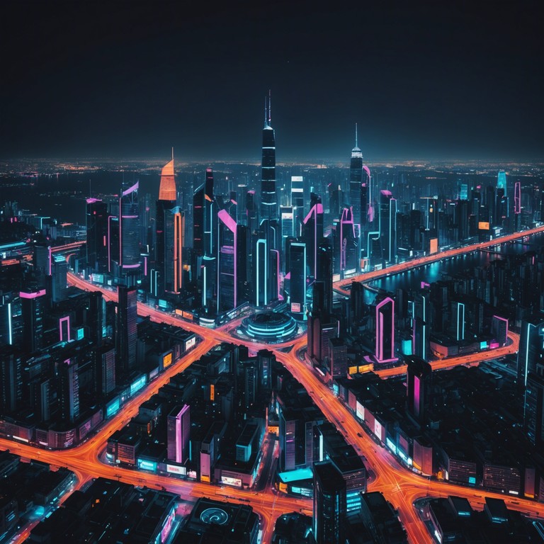 In the heart of a neon soaked city, electronic beats surge, mimicking the heartbeat of the metropolis itself. The track encompasses driving synths and ambient echoes that paint a sonic picture of a technologically advanced, always pulsating city.