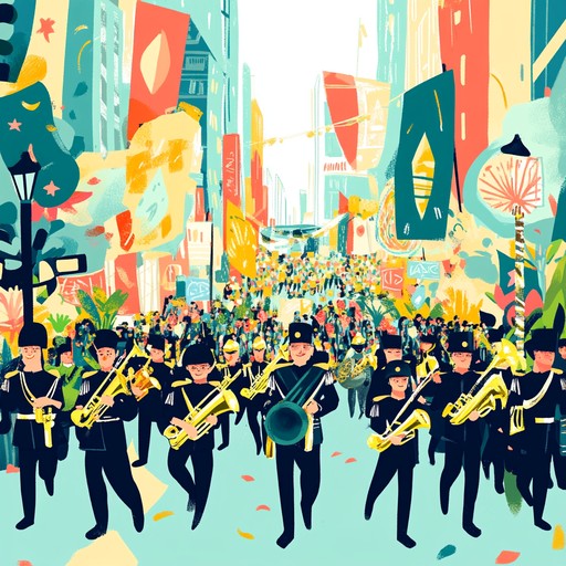 An exhilarating, triumphant military march with powerful brass and drum elements, capturing the joyous essence of victory parades. Its dynamic, energetic, and uplifting traits evoke a sense of happiness and accomplishment.