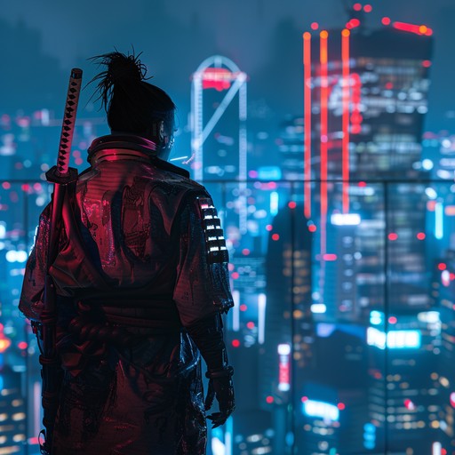 A vigorous mix of traditional japanese tunes and futuristic sounds, featuring electric guitar, shamisen, and taiko drums. Ideal for an action packed samurai duel set in a neon lit cyberpunk world, with intense energy and dynamic flair throughout.