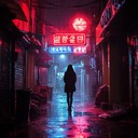 menacing synths echo in a dystopian neon lit cityscape