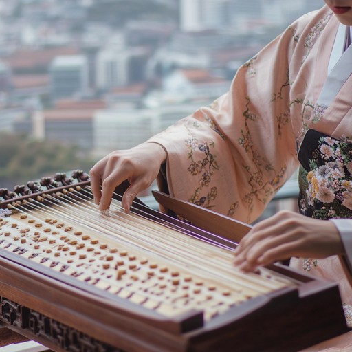 Visualize a journey through seoul’s peaceful evening with traditional melodies harmonizing with the city’s dynamic pulse, creating a reflective and joyful ambiance.