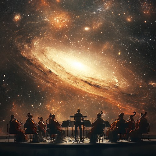 An epic orchestral composition fused with futuristic electronic sounds, encapsulating a grand voyage through the cosmos. The track progresses dynamically, introducing themes of exploration, wonder, and the unknown, articulated through soaring strings, dynamic brass, and celestial synthesizers. Each segment of the composition paints a vivid picture of majestic celestial bodies and distant galaxies.