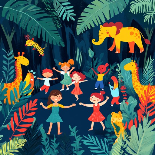 An upbeat instrumental nursery rhyme featuring lively percussion and flute melodies, encouraging children to move and imagine themselves as playful jungle animals.