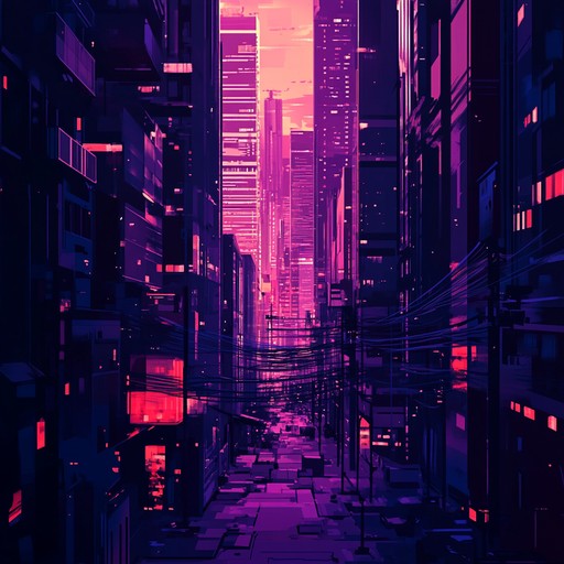 A relentless beat underscores synth leads and eerie pads, creating a tense, futuristic landscape reminiscent of a high tech, dystopian city. Intricate digital noises and rhythmic glitches paint a detailed picture of an unsettling near future reality.