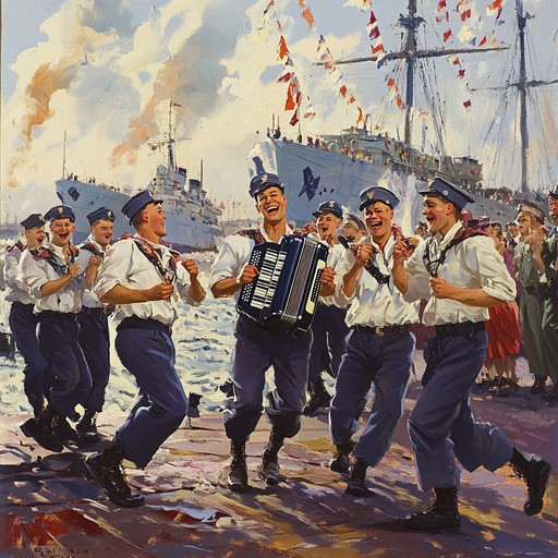 An instrumental celebrating the joyous moments of russian navy sailors with lively accordion melodies, capturing their festive spirit on a sunny day at port.