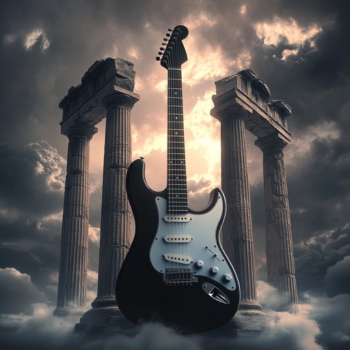 A vigorous instrumental track blending heavy guitar riffs with motifs inspired by greek mythology, delivering a powerful and electrifying experience reminiscent of the gods' might