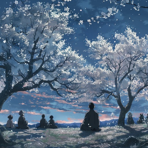 The instrumental creates a soothing ambiance by combining traditional japanese instruments like the koto and shakuhachi flute with modern orchestration, evoking a tranquil night beneath blooming sakura petals