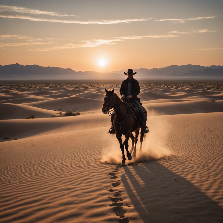 Imagine a musical journey that follows a cowboy's solitary quest across endless deserts under a vast sky, where each chord strums the story of resilience and adventure against nature's grand backdrop.