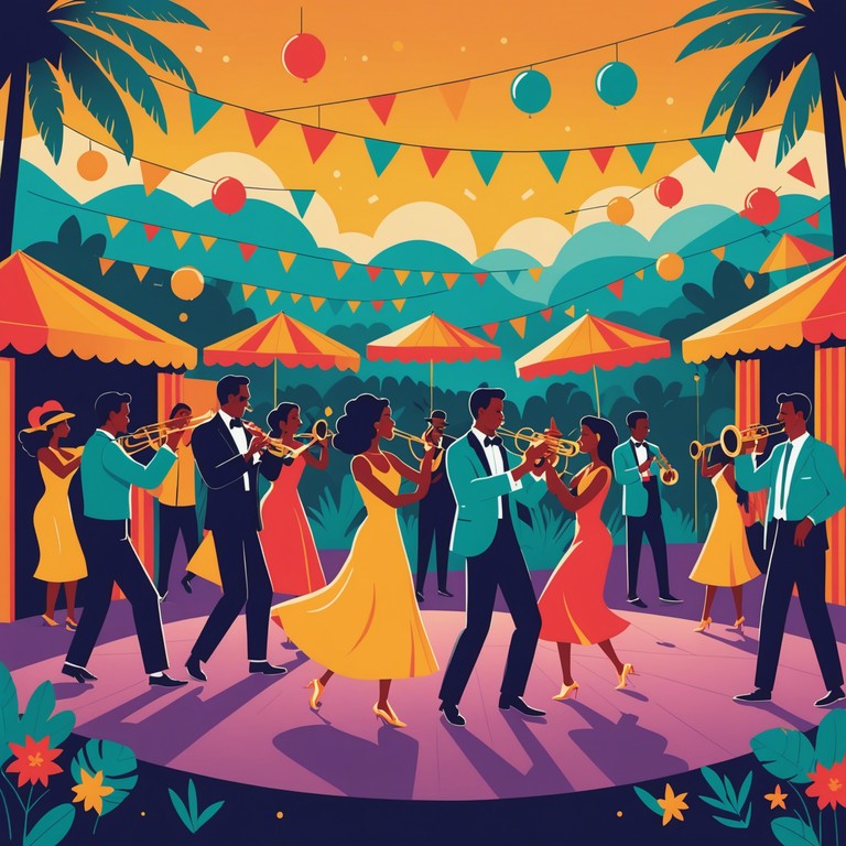 Imagine a festive scene where everyone is dancing under a canopy of lights, the air filled with music, the ground vibrating with energetic footsteps, and the sound of trumpets leading the celebration towards a climactic festive joy.