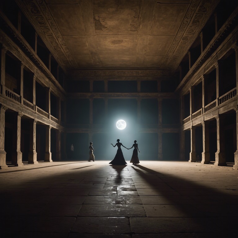 In an abandoned ballroom, under the cold moonlight, an old accordion plays a melancholic tango. The sound stirs the spirits, who rise to partake in a dance of remembrance, their steps silent but their presence felt. A poignant blend of longing and eerie beauty fills the air, as if the room itself remembers the sweeter days now lost to time.