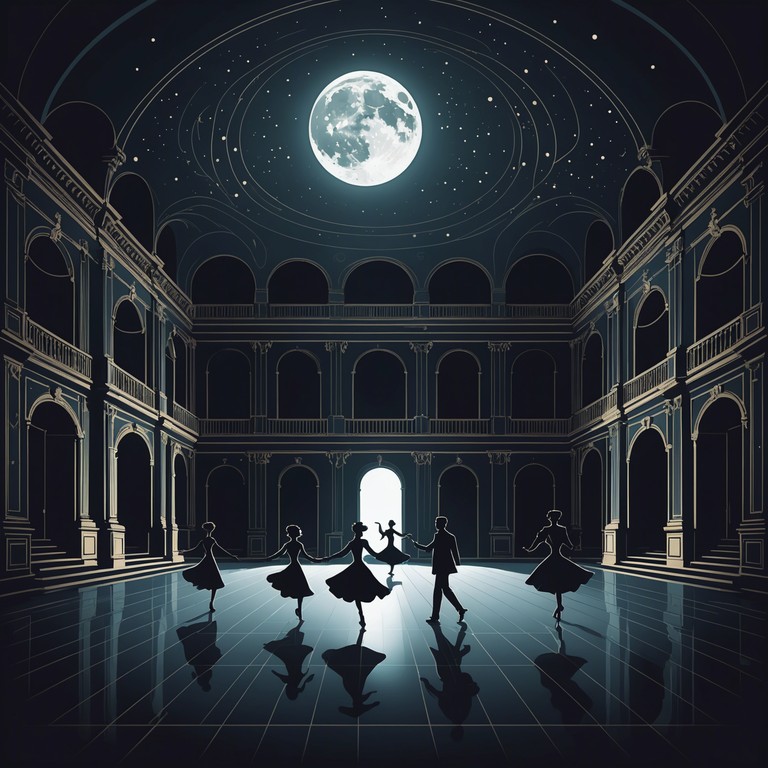 A hauntingly intense waltz takes over as the night deepens, with dancers swaying forcefully to the rhythm of an accordion, each step casting eerie shadows that morph along ancient ballroom walls, inviting a blend of fear and excitement.