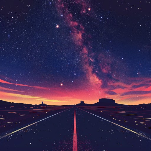 Experience a country tune with a psychedelic twist, blending traditional country elements with trippy, cosmic sounds. Imagery of vast desert landscapes and starry skies. Perfect for an unconventional roadtrip soundtrack.