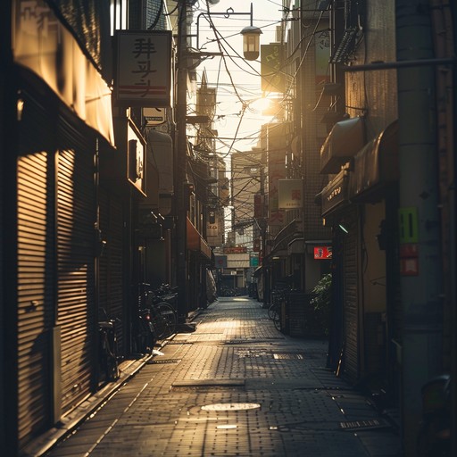 Imagine a late afternoon in a sunlit alleyway, where the gentle caress of jazz melodies meets the comforting rhythm of house beats. The music flows effortlessly, inviting relaxation and introspection amidst the soft hum of a bustling city, with smooth transitions and delicate harmonies enhancing the peaceful ambiance.