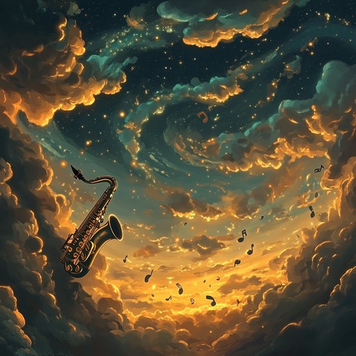 A unique blend of floating and celestial melodies accompanied by syncopated funk grooves creates an otherworldly musical experience. The distinct sounds of a saxophone guide the listener through a cosmic, dreamlike journey.