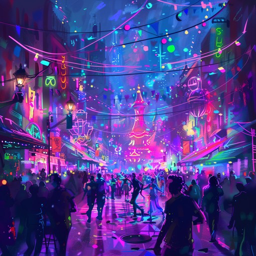 A dynamic and eclectic track that combines vibrant global street carnival rhythms with a neon urban electric twist. Imagine the pulsating beats of a carnival parade intertwined with the futuristic sounds of electric elements, creating an energetic and festive musical experience.