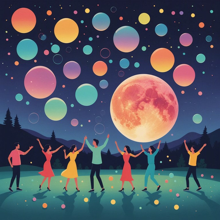 Imagine a scene where luminous bubbles float upward in a moonlit forest clearing, each bubble emitting soft, playful notes from a xylophone as they pop. This alternative description captures the essence of a night filled with joyous dance and quirky, whimsical beats.