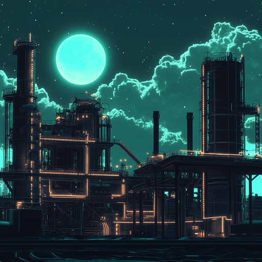 Immerse in a futuristic city, where ethereal dreamscapes merge with the harsh, mechanical sounds of industrial rock. Delicate and haunting melodies glide over a steely, industrial beat, reflecting the glowing neon and cold steel architecture of a moonlit, dystopian metropolis