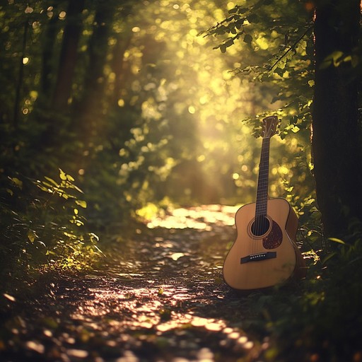 As you listen, you can almost feel the soft moss underfoot and the cool shade provided by towering oaks and whispering pines. The acoustic guitar gently leads you along a path dappled with sunlight and shadow, creating a sense of peace and a connection to the earth