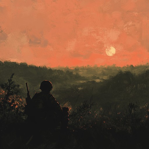 This instrumental piece captures a soldier's somber reflection on their experiences. The music blends bugle sounds with gentle strings and percussion, portraying themes of courage, loss, and internal battles amidst a calm battlefield.