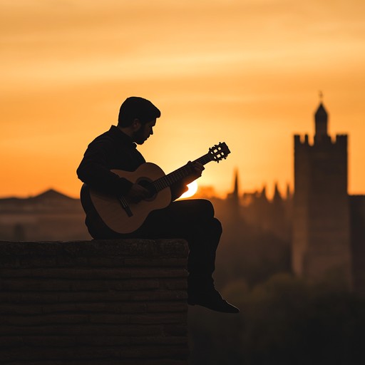 A passionate flamenco guitar piece echoing through the halls of the historic alhambra, blending intricate rhythms and emotive expressions that transport listeners to a time of moorish palaces and romantic legends.