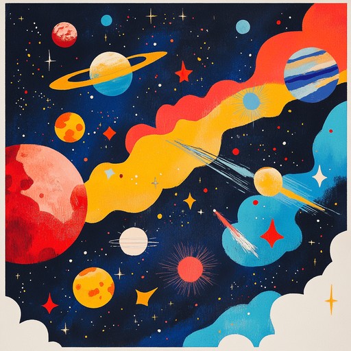 Embark on a vibrant, energetic journey through a fantastical cosmic landscape. Blending the uplifting melodies of j pop with epic orchestral elements, this instrumental track captures the exuberant spirit of an interstellar adventure, weaving a tapestry of soaring synths, dynamic drums, and lush orchestration to evoke wonder and excitement.