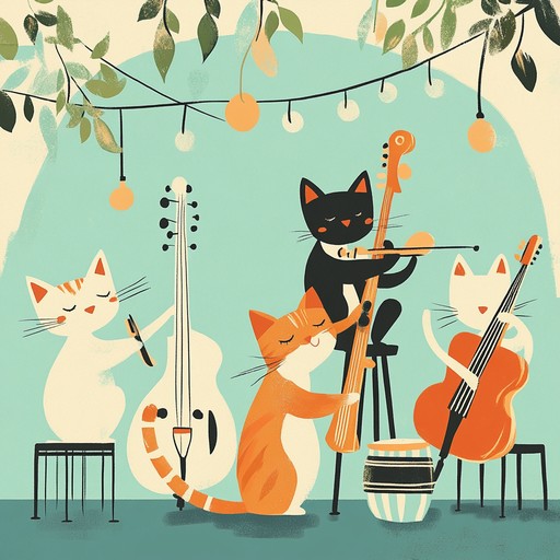 An instrumental track where the sounds of curious cats experimenting with unusual instruments create an enigmatic and whimsical atmosphere, blending chaotic rhythms with mesmerizing melodies that surprise and delight.