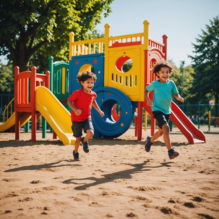 Immerse yourself in the heartwarming energy of a child's playground scene, with music that perfectly enhances the carefree and spirited atmosphere, inviting listeners of all ages to join in the fun.