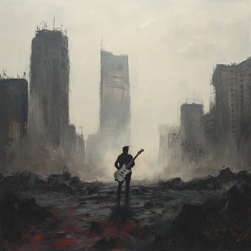 Powerful electric guitar riffs and mechanical drum beats evoke echoes of a mechanical heart beating amidst urban desolation, blending nostalgia with melancholy. This bittersweet industrial rock track captures the essence of a forgotten cityscape with its powerful dynamics and haunting atmosphere