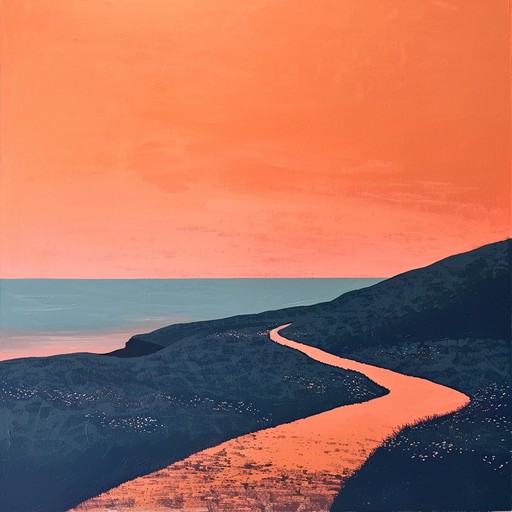 Stroll along a radiant coastal path at twilight, with a sky ablaze in soft hues of pink and orange. The gentle sound of waves and the cooling breeze envelop you, while delicate synthwaves and light rhythmic beats create a serene, reflective atmosphere.