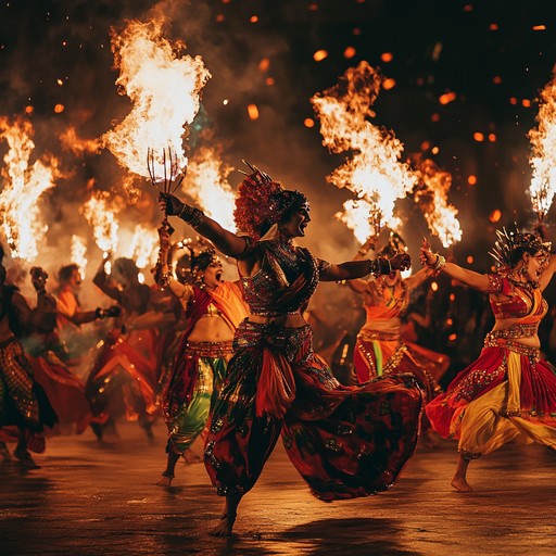 A high energy instrumental piece featuring rapid chaotic rhythms inspired by ancient festival dances blending traditional drums with unpredictable tempo changes to evoke a sense of wild celebration