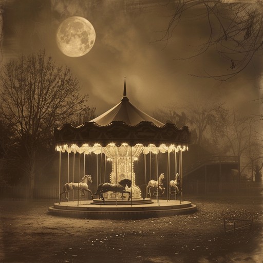 A haunting waltz that transports listeners to a vintage carousel ride under the moonlit sky, dripping with melancholy and sepia toned memories. The soft yet poignant accordion melodies intertwine with gentle piano strokes, creating an atmosphere drenched in bittersweet emotions and theatrical drama. Echoes of laughter and the soft creak of the carousel add an eerie, sentimental touch, inviting listeners to spirals of reflection and yearning.