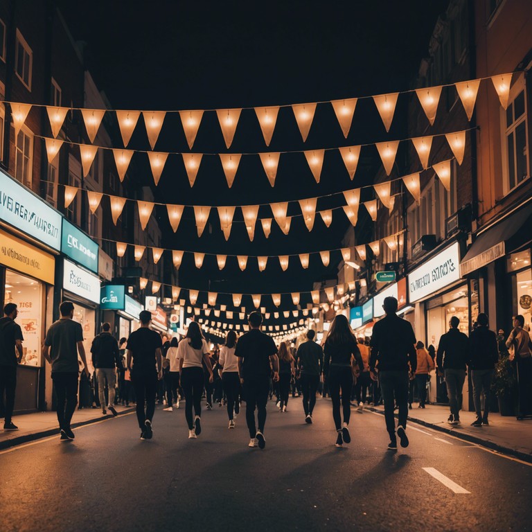 Imagine a festive late afternoon where people of all ages gather, dancing to the beat of their heritage music illuminated by twilight. Sunset colors paint the town as the air fills with joyous music.