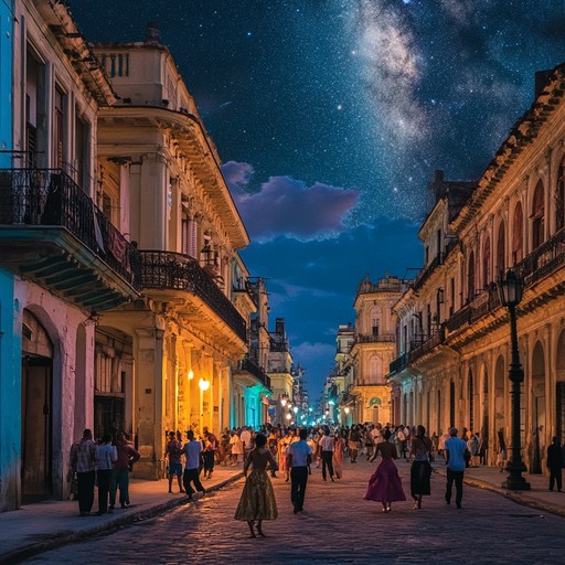 Imagine a vibrant scene on a warm, breezy evening in havana where dancers move rhythmically to the seductive sounds of a classical guitar. The music captures the spirit of freedom and romance, echoing through the bustling streets and old colonial buildings.