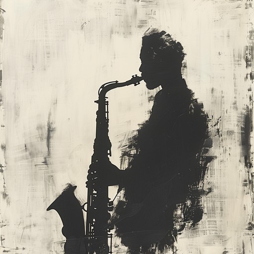 Imagine an intimate jazz club, dimly lit with the soft clinking of glasses and the murmur of a sophisticated crowd. At the center, a saxophonist plays soul-stirring melodies that weave through the haze. The composition combines languid harmonies with occasional energetic bursts, creating a complex tapestry of sounds that reflects the nuanced stories of the night