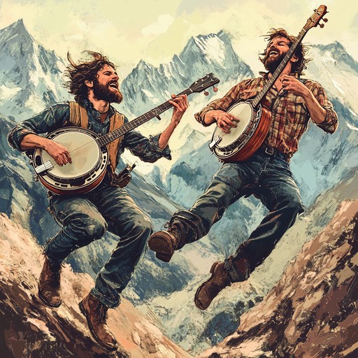 A high energy instrumental piece that captures the essence of a fierce banjo duel amidst the dynamic vistas of mountainous landscapes. The fast paced plucking and tempo embody the excitement and adventure of a traditional mountain face off.