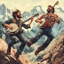 energetic banjo duel in dynamic mountain backdrop