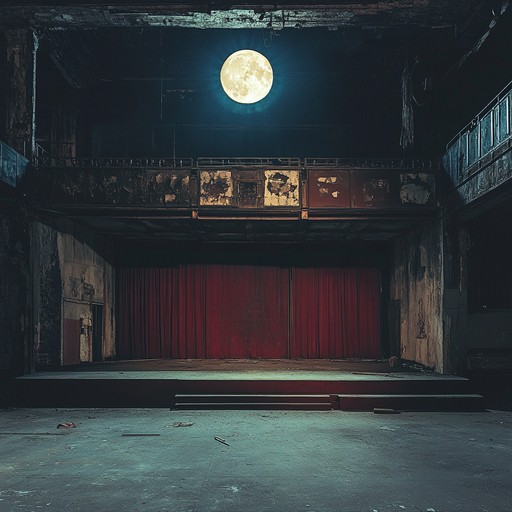 A haunting and sorrowful melody intertwines with dark cabaret performance art. The music creates an unsettling, yet poignantly beautiful atmosphere of isolation and introspection. This instrumental piece features melancholic chord progressions, eerie plucked strings, and gentle, haunting piano, evoking a sense of an abandoned, shadowy cabaret stage at midnight.