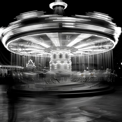 An old abandoned carousel spins slowly in the dead of night, its rusted mechanics creaking and groaning with each turn. The phantom horses bob up and down to a ghostly melody, their painted eyes seeming to follow you as you pass by. The tune is a haunting waltz, played on a music box that sounds slightly out of tune. The atmosphere is chilling and unsettling, as if the carousel is luring you in to join its eternal dance.