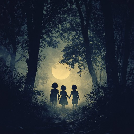 An evocative instrumental piece blending haunting melodies with subtle ominous undertones, capturing the essence of children's whispers carried through a dark, enchanted forest at twilight.