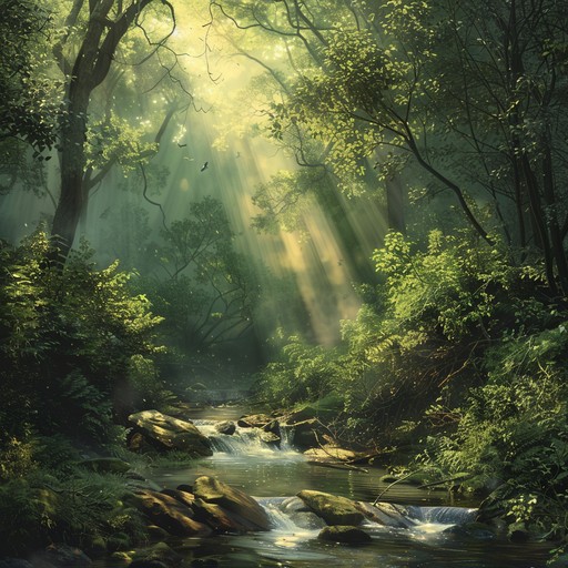 A calming journey through a lush forest, captured in the soothing sounds of a piano, accompanied by the natural symphony of birds and water, creating a feeling of peace and connection with nature.