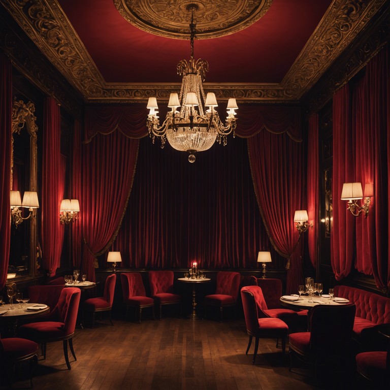 An instrumental track that weaves through the hauntingly beautiful and somber elegance of a dark cabaret performance, with complex layers that evoke a sense of mystery and decadence. Each note from the grand piano tells a story of forgotten tales and hidden whispers in shadowy corners of an opulent, dimly lit room.