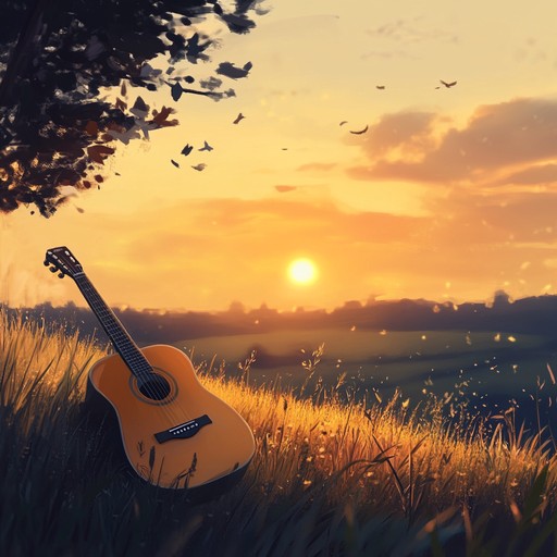 Picture a quiet countryside at sunset with the soothing sound of an acoustic guitar creating a serene and warm atmosphere. The music evokes the tranquility of the rural landscape, inviting listeners to relax and enjoy the peaceful evening.