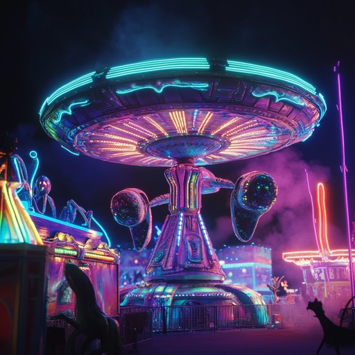 Imagine a carnival in the vast expanse of space, filled with vibrant, oddball characters and surreal, outlandish music that combines otherworldly synths, eclectic rhythms, and bizarre sound effects. A weird and spirited adventure through interstellar attractions and cosmic delights.